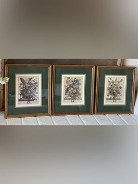 3 vintage framed botanical prints from the "Twelve Months of Flowers" series